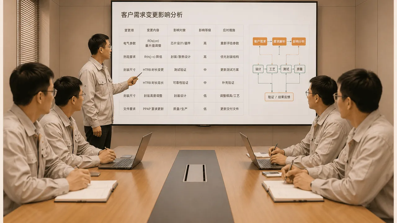 研发团队在会议室评审客户需求变更的影响范围