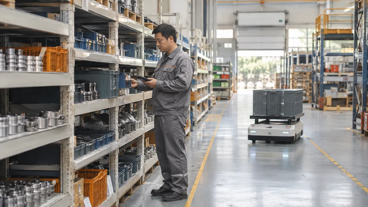 仓管在货架前用手机核对物料,AGV 在通道中转运